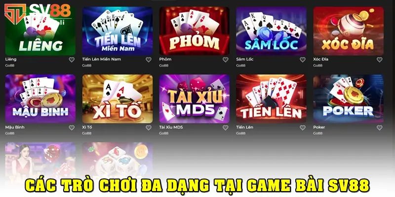 Các thể loại trò chơi tại sảnh game bài SV88