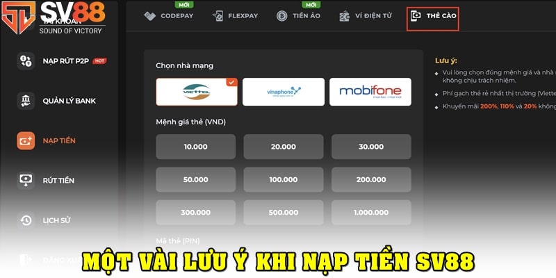 Thông tin cần thêm khi nạp tiền SV88